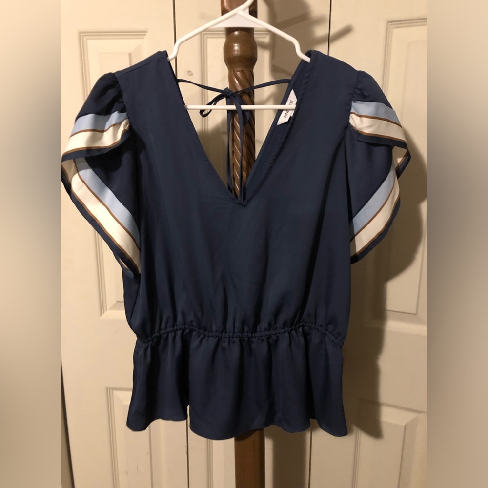 Nine West Navy Blouse with Striped Accents